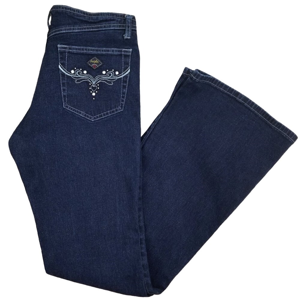 Angels Womens 90s Vintage Flare Jeans Stud Embroidered Stretch Blue Size