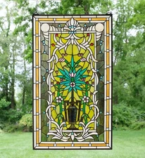 20" x 33.75" Flower in Vase Tiffany Style stained glass Jeweled window panel