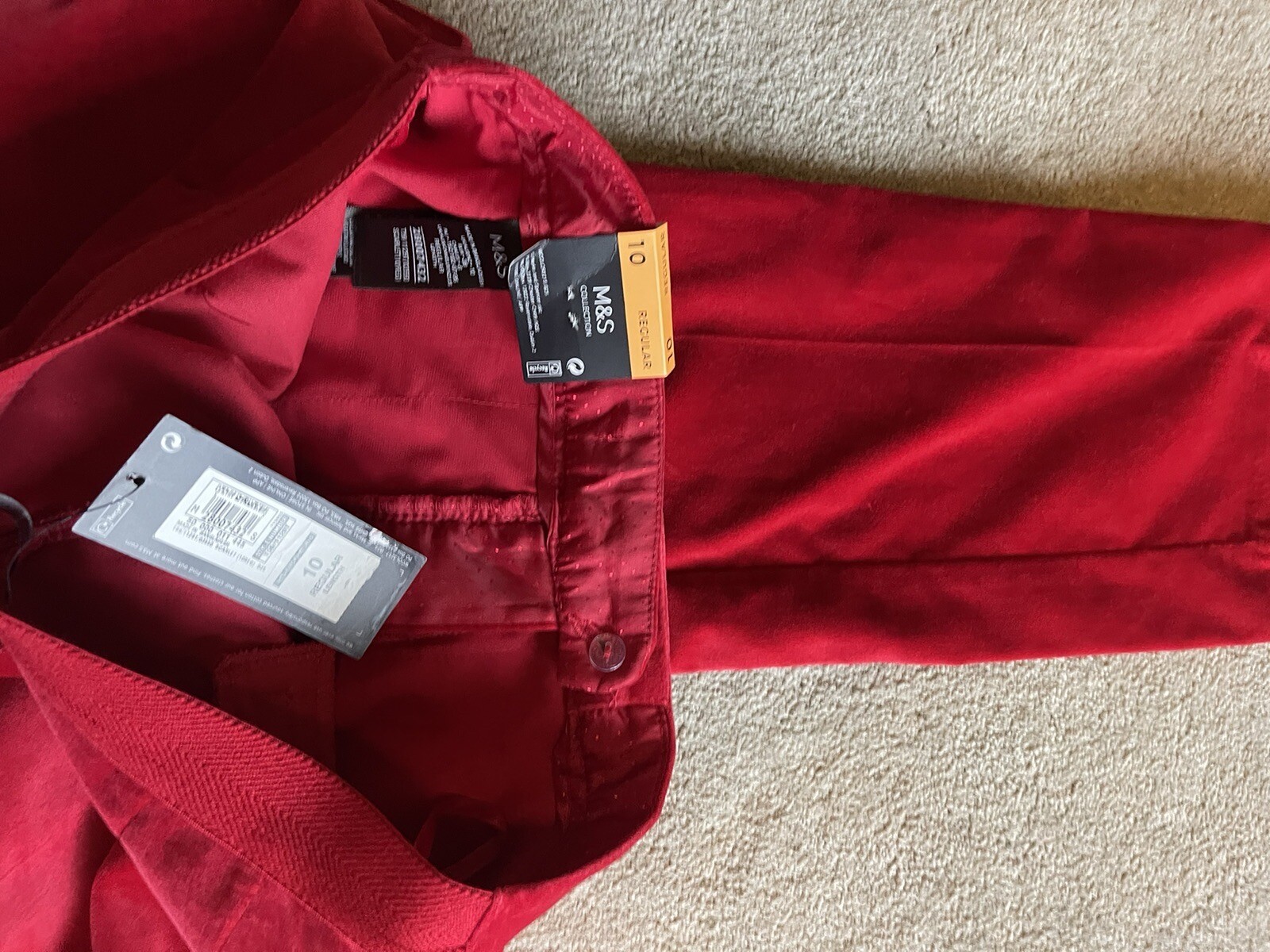 M and S Red Velvet Trouser Suit & No.5 Brooch! 10 New With Tag