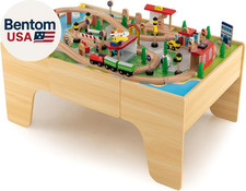 Train Table, 84-Piece Wooden Toy Activity Playset with Storage, Tracks, Vehicles