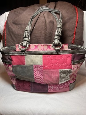 Coach Patchwork Satchel Bag Pink Gray Purple, Zip Top, Charm, Bottom Studs