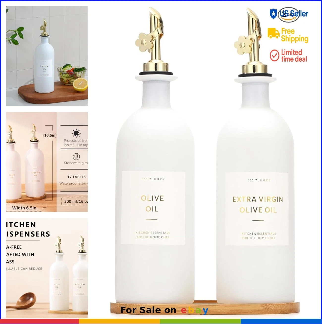 Oil Dispenser 16oz Glass Bottles Set of 2 with Bamboo Tray Gold Pourer Kitchen