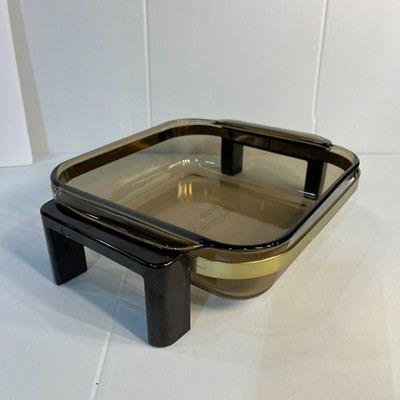 Vintage Pyrex 222 Smoky Brown Glass Casserole Baking Dish w Cradle Stand 2 Qt