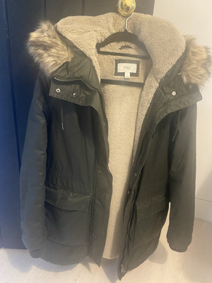 M&S Stormwear Waxed Faux Fur Lined Parker Size 10-14 Green