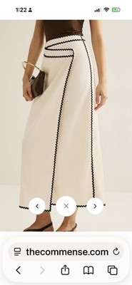 NWT Commense Midi Cream Linen Skirt With Black Rickrack Trim Large