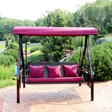 3-Person Steel Patio Swing Bench with Side Tables/Canopy - Merlot by Sunnydaze