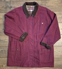VTG Denim  Co Long Barn Chore Coat Corduroy Collar Cuffs Size Large Burgundy