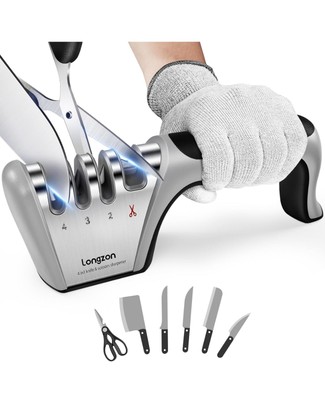 4-in-1 Knife Sharpener [4 stage] with a Pair of Cut-Resistant Glove, Original...