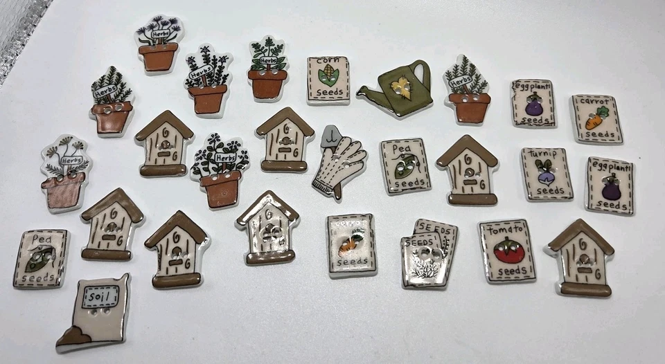 VTG 1990s Trena's Trinkets 29 Ceramic Sew Buttons Garden Birdhouse Herbs Plants - Image 2 of 4