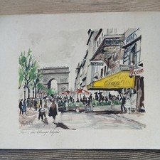 ​Impresión de acuarela vintage de París firmada Herbelot Arco del Triunfo Campos