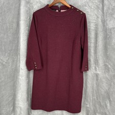 Talbots Womens Burgundy Heathered Knit Mock Neck Shift Dress Gold Buttons SZ L