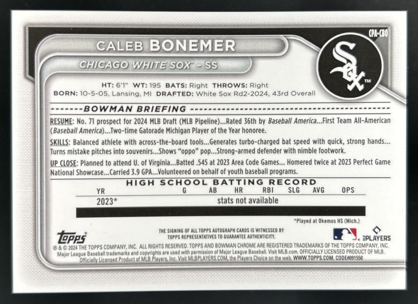 2024 Bowman Draft Caleb Bonemer Chrome Auto Refractor Red X Fractor 1st #/5 view 2
