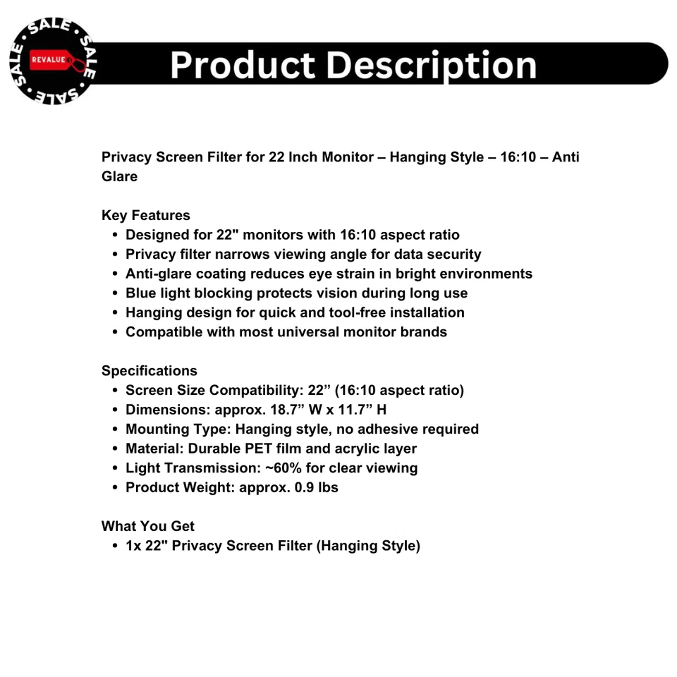 Privacy Screen Filter for 22 Inch Monitor – Hanging Style – 16:10 – Anti Glare - Image 2 of 4