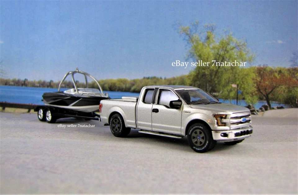 2015 - 2020 Ford F150 + Bowrider Ski Boat Truck Trailer 1/64 Scale Model Set - Image 2 of 4