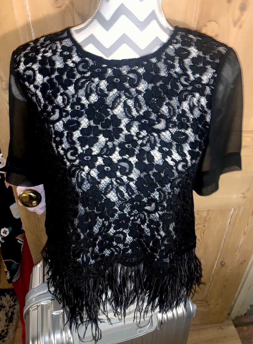 Black lace sheer sleeve ostrich feather trim top zip Topshop