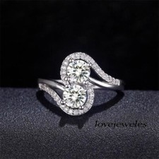1.50CT Round Real Moissanite 2-Stone Swirl Halo Wedding Ring 14K White Gold Over