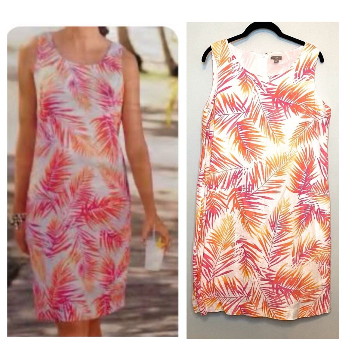 J Jill Love Linen Pink Orange Tropical Palm Leaf Sleeveless Shift Dress  Size 8