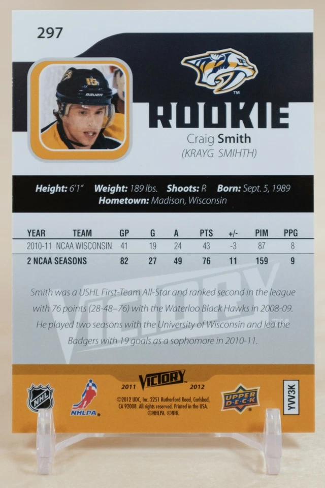 2011-12 Upper Deck Victory Craig Smith #297 Rookie Nashville Predators - Image 2 of 2