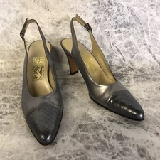 Salvatore Ferragamo Silver/Gray Reptile Tip Slingback Pumps 3" Heel Size 8.5 4A 