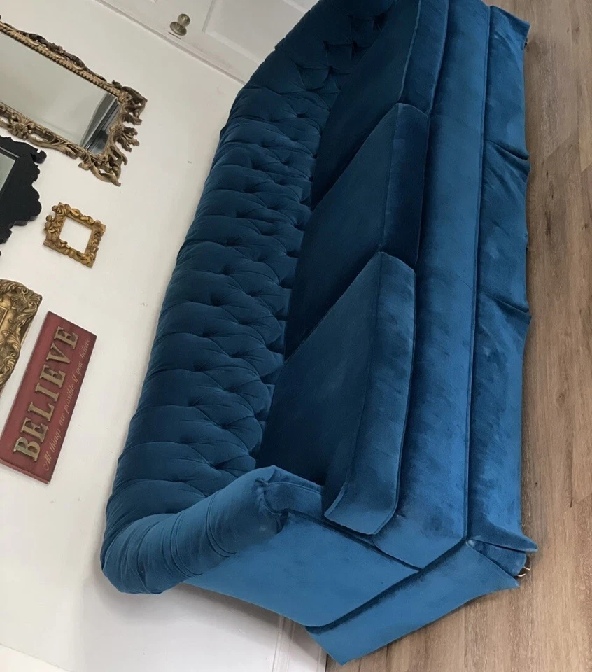 Sofá Chesterfield acolchado moderno mediados de siglo turquesa verde azulado Foto 3 de 4