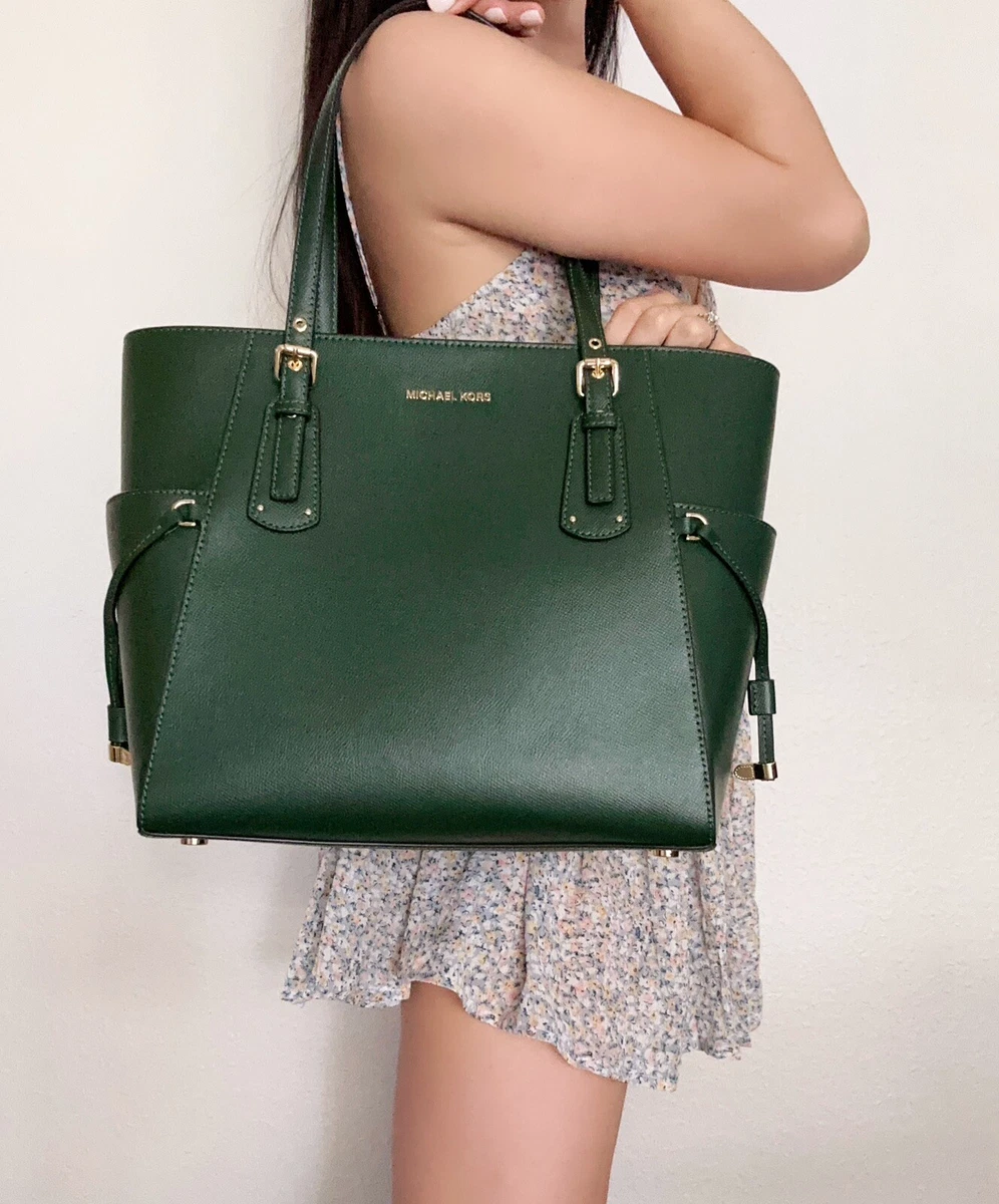 Michael Kors Voyager Travel Shoulder Tote Moss Green Small Crossgrain  Leather