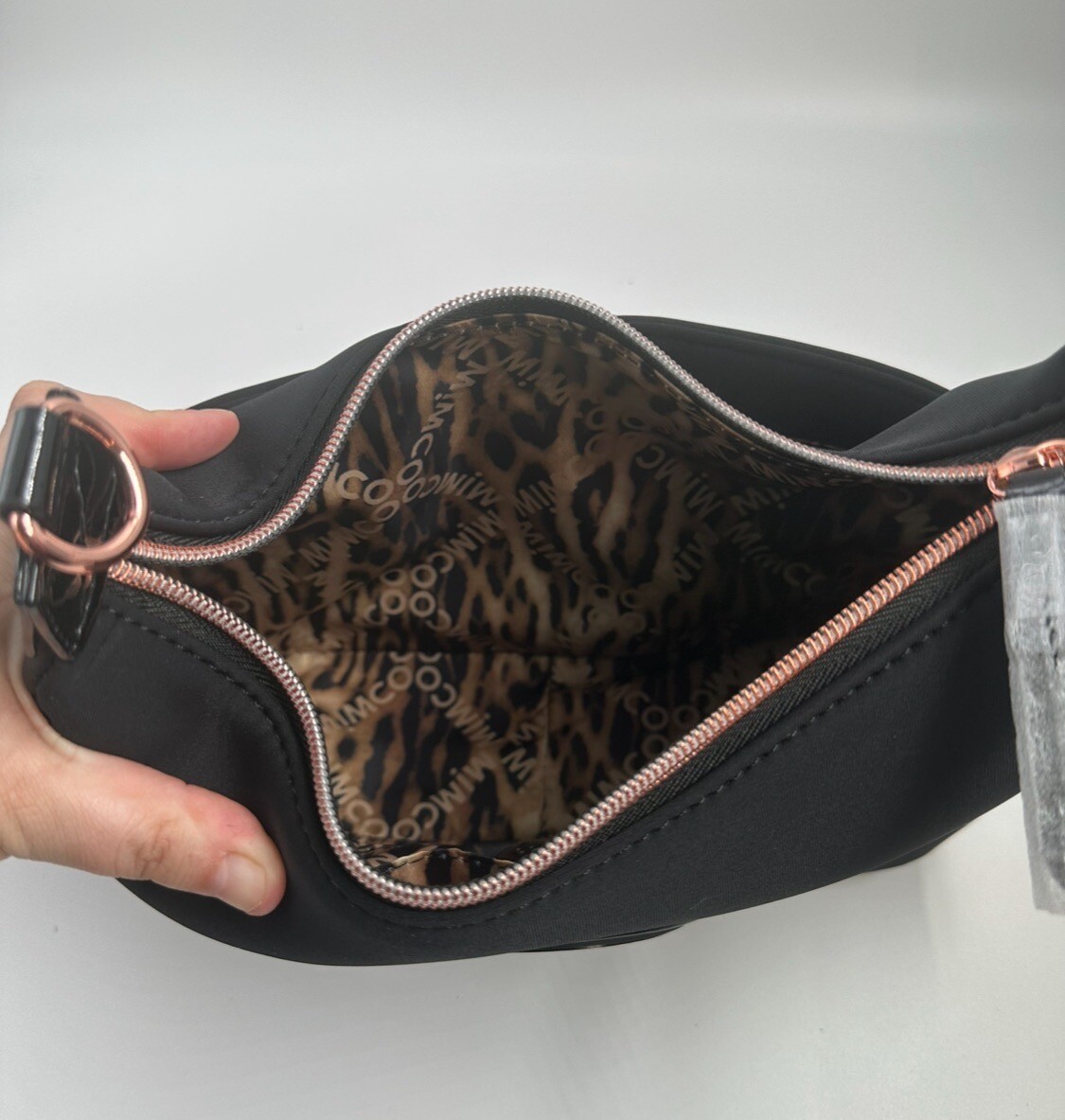 MIMCO Serenity Crescent CrossBody Bag Black Rosegold •Black & White