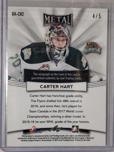 2016-17 Leaf Metal CARTER HART Prismatic GREEN AUTO! 4/5 Philadelphia Flyers! - Picture 2 of 2