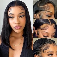 Bob Wig Human Hair 13x4 Lace Front Wigs 14 Inch Short Bob 180 Density HD Lac...