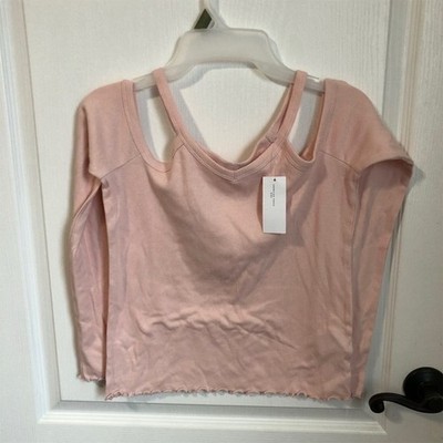 American Eagle Kids Pink Ribbed Cold Shoulder Lettuce Hem Top Size 16 13-14Y NWT
