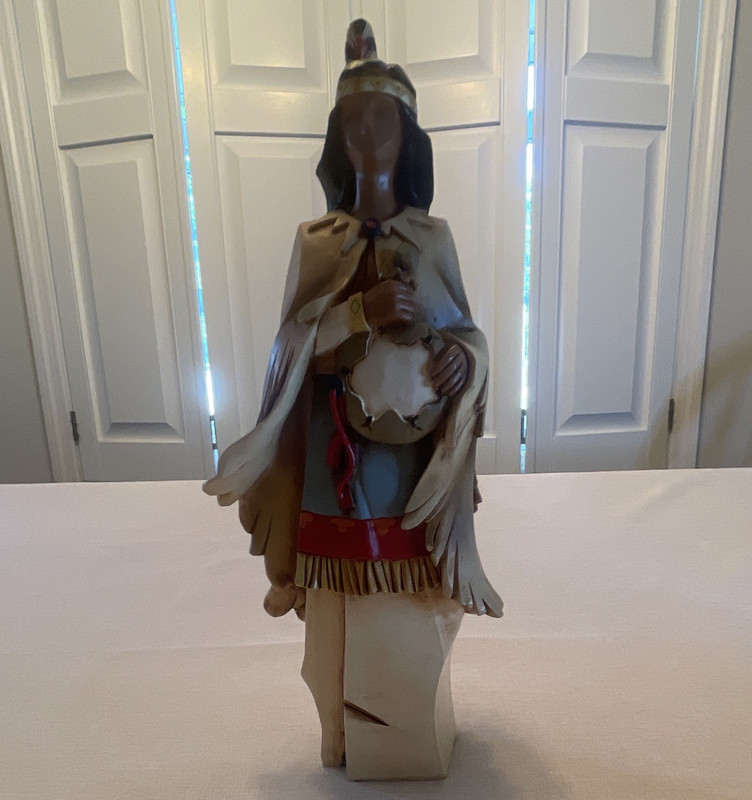 Ceramic Native American Woman Figurine Holding Drum, Painted Beige Brown