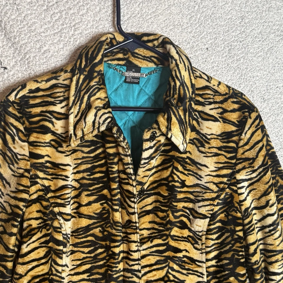 Vtg Guess Faux Fur Tiger Print Snap Coat Women’s Size XL Teal Quilted Lining Dmg - Image 2 of 4