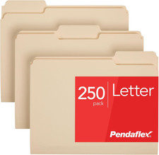 File Folders, 250-Pack, Letter Size, Manila, 1/3-Cut Tabs, Premium Paper Folders