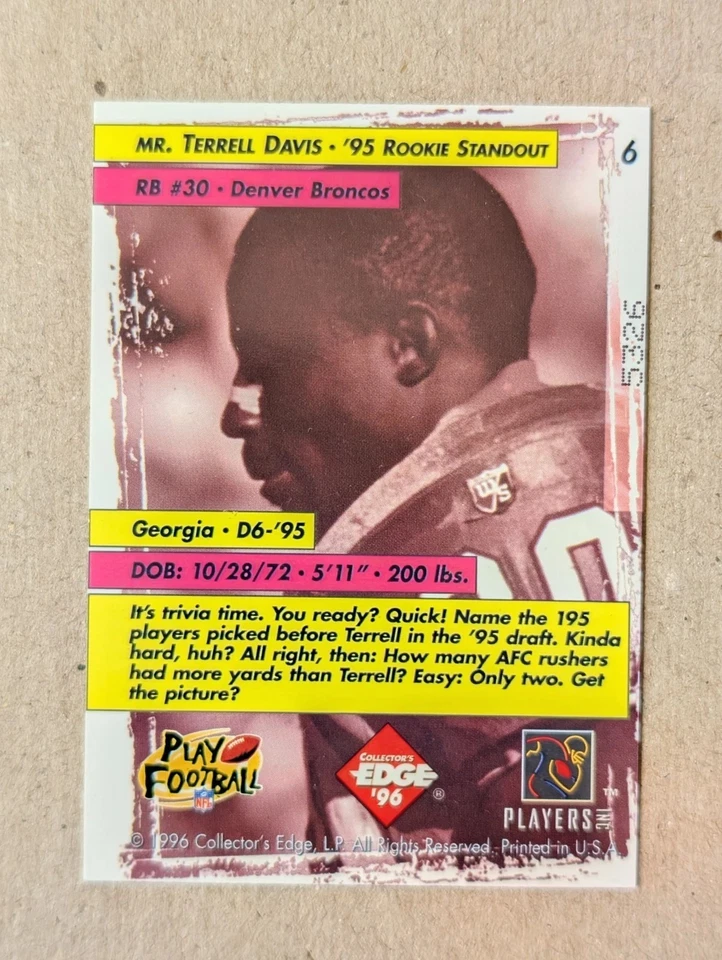 1996 Collector's Edge - Too Cool Terrell Davis #6 - Image 3 of 3
