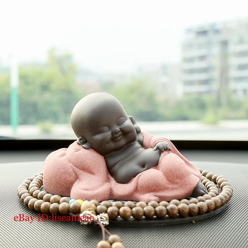 Handmade Maitreya Statue Purple Clay Tea Pet Happy Buddha Car Console Decoration - Image 3 of 4