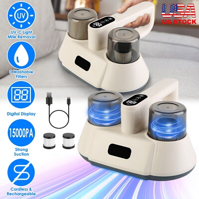 Bed Vacuum Cleaner Double-Cup Cordless Mattress Vacuum Dust Mites Remover &Light