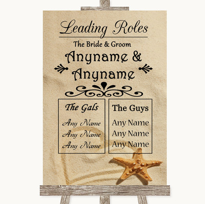 Personalisiertes Hochzeitsschild Sandstrand Who's Who Leading Roles