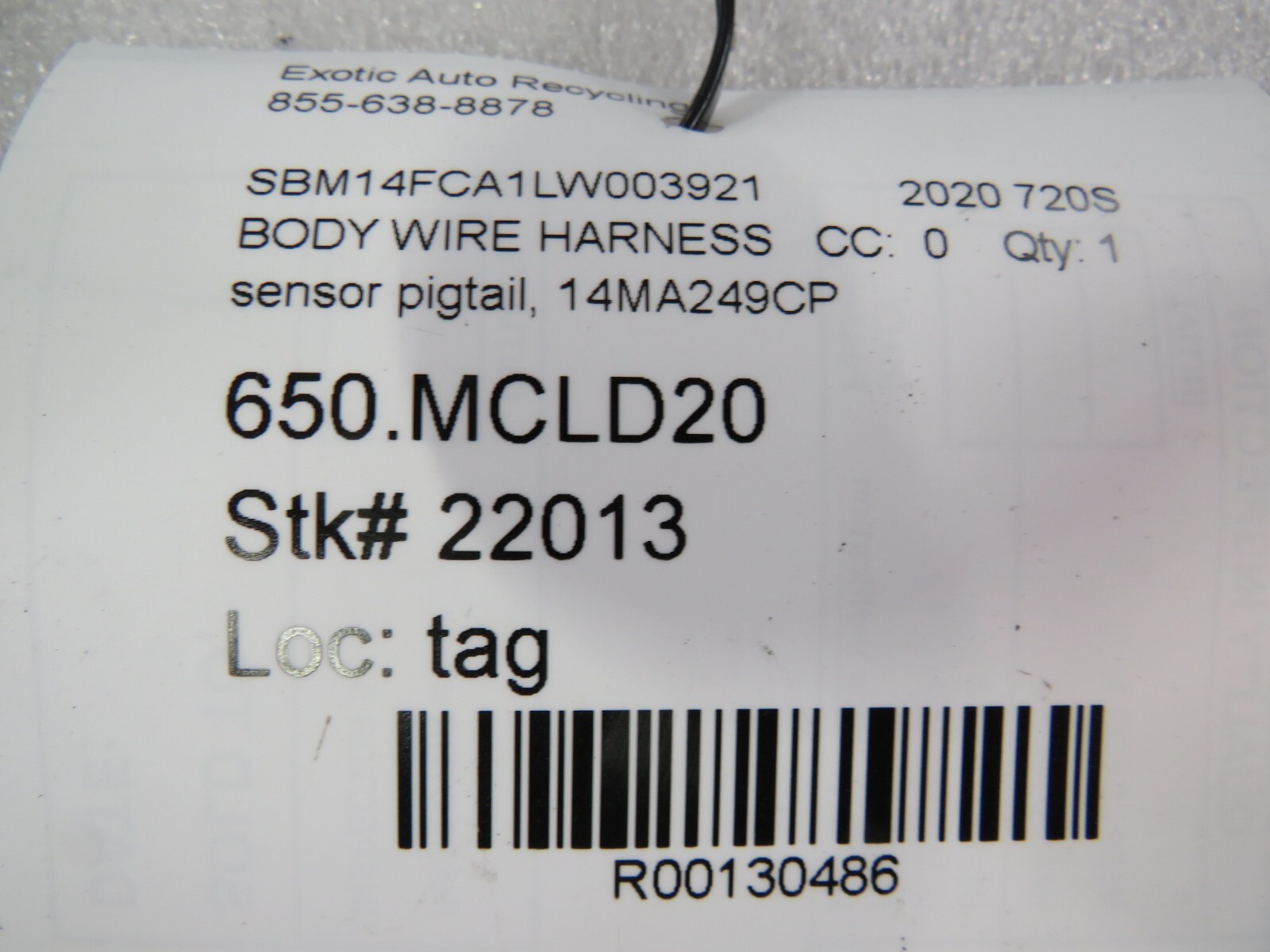 Mclaren 720s, Front Spindle Sensor Wire Harness, Used P/N 14MA249CP
