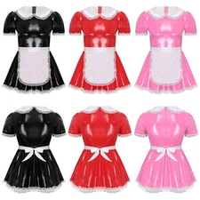 Mens Dress Pleated Maid Sexy Cosplay Back Zipper Uniform Shiny Costume Stage