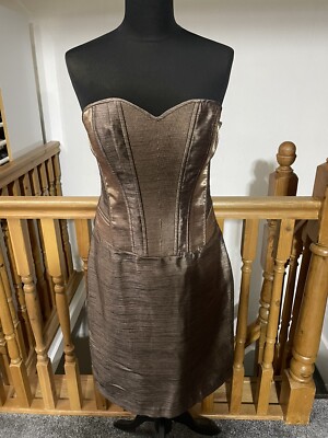 BCBG MAX AZRIA Metallic Gold Strapless Ruffle Party Dress Size UK 10 - Brand New