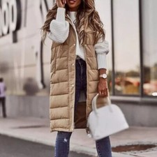 Ladies Womens Hooded Long Line Puffer Gilet Jacket Padded Top Body Warmer Winter