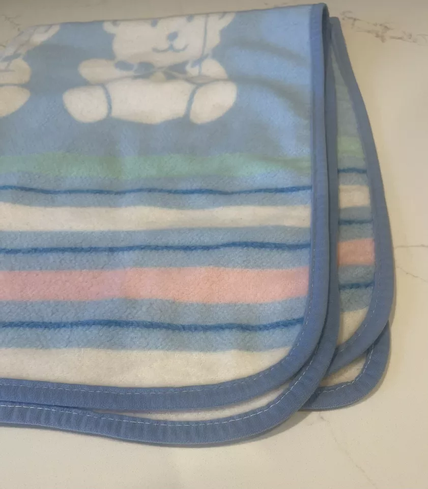 Vintage Blue Fleece Teddy Bears With Balloons Acrylic Baby Blanket WPL 1675 USA - Image 2 of 4