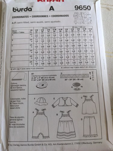 Burda Sewing Pattern 9650 - Babies Dress Romper Pants Sunhats Sz 3m to 18m NEW - Picture 2 of 2