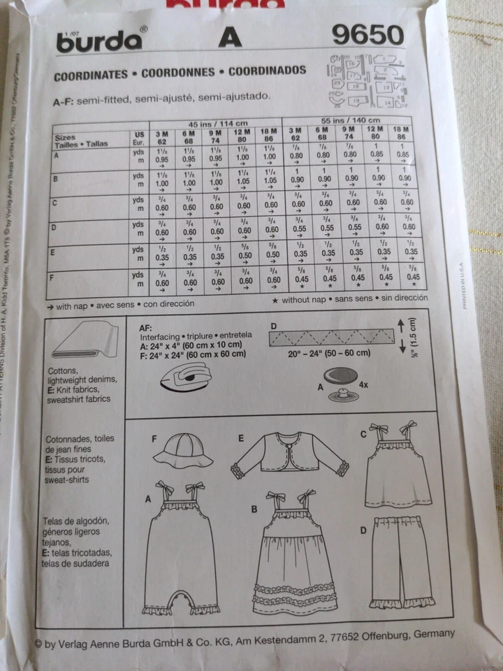 Burda Sewing Pattern 9650 - Babies Dress Romper Pants Sunhats Sz 3m to 18m NEW - Image 2 of 2