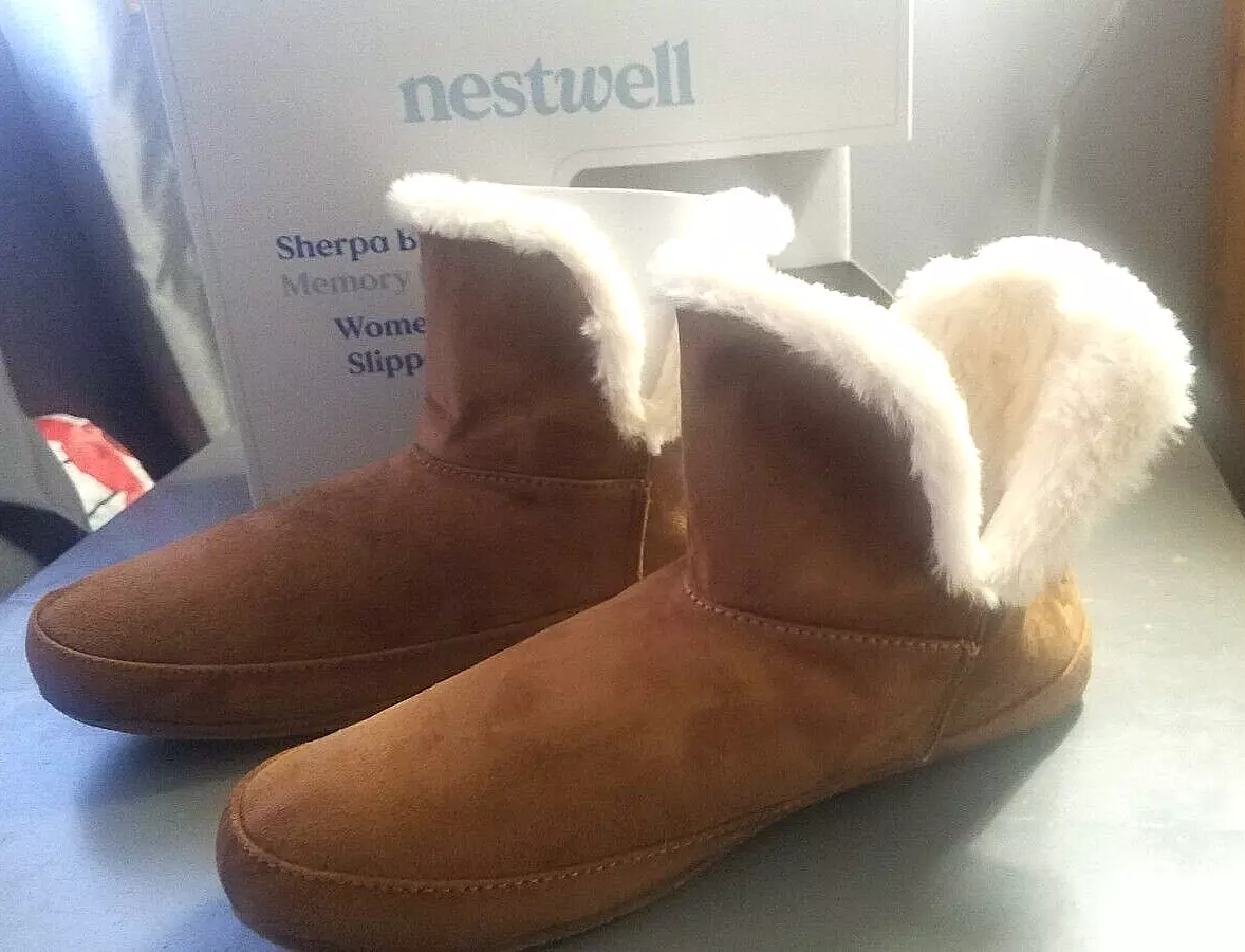 Womens Sherpa Bootie Memory Foam Slippers XL 11 12 Brown with white trim
