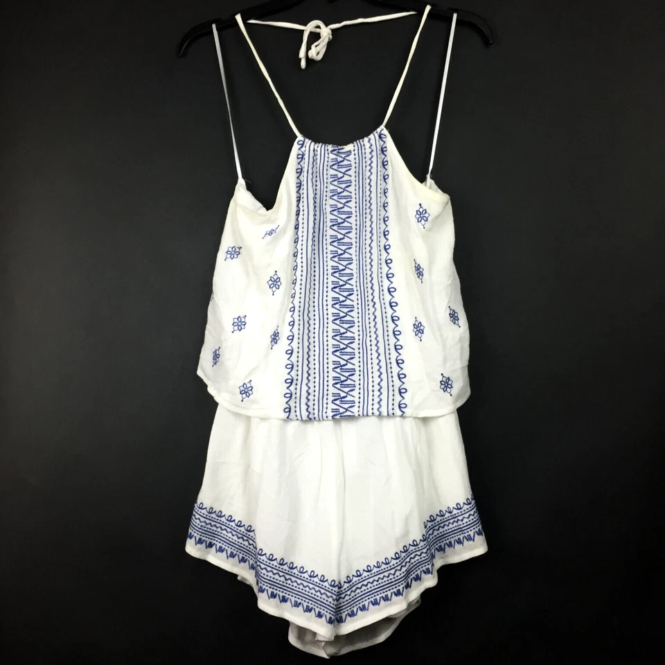 En Creme Womens Small (32 in Bust) White Blue Lightweight Sleeveless Romper - Image 4 of 4