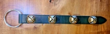 4 Rustic SLEIGH BELLS on green Leather Strap Collar Jingle Door Hanger 18" L