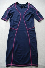 Alexander McQueen Stretch Midi Pencil Dress Navy Blue Magenta Outer Stitches 44