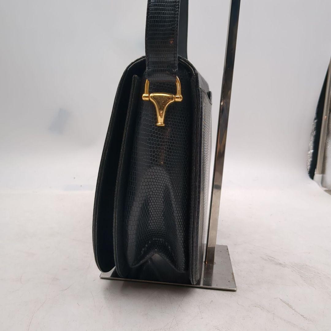 GUCCI Lizard Horsebit Shoulder Bag Snaplock Leather Black Gold Hardware Vintage thumbnail 4