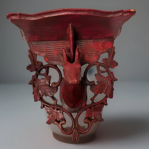 ULTRA RARE Vintage BLACK FOREST WOOD CARVED Deer With Shelf Mid Century Red