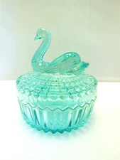 VINTAGE JEANNETTE AQUA BLUE GLASS POWDER DISH SWAN LIPSTICK HOLDER
